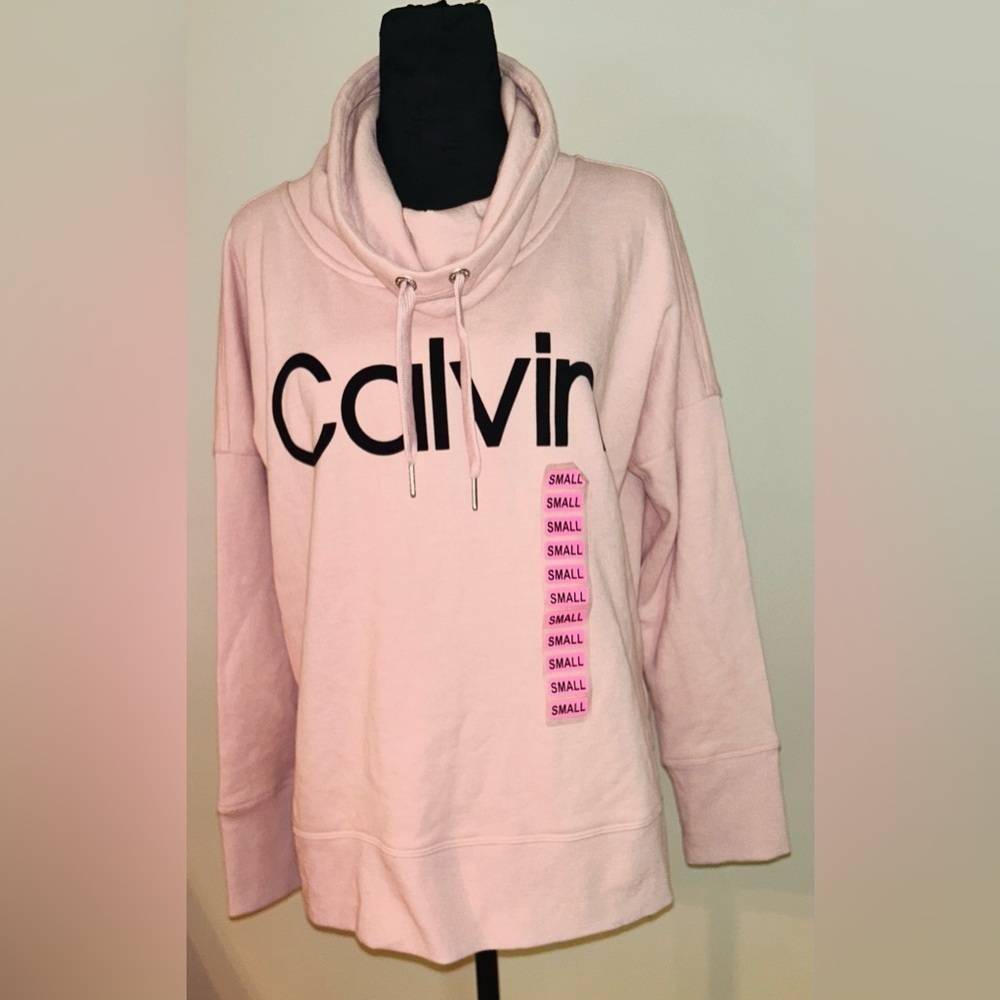 Calvin Klein Cowl Velvet Logo Blush Pink Light Weight Pullover S Mock Neck - Picture 2 of 9